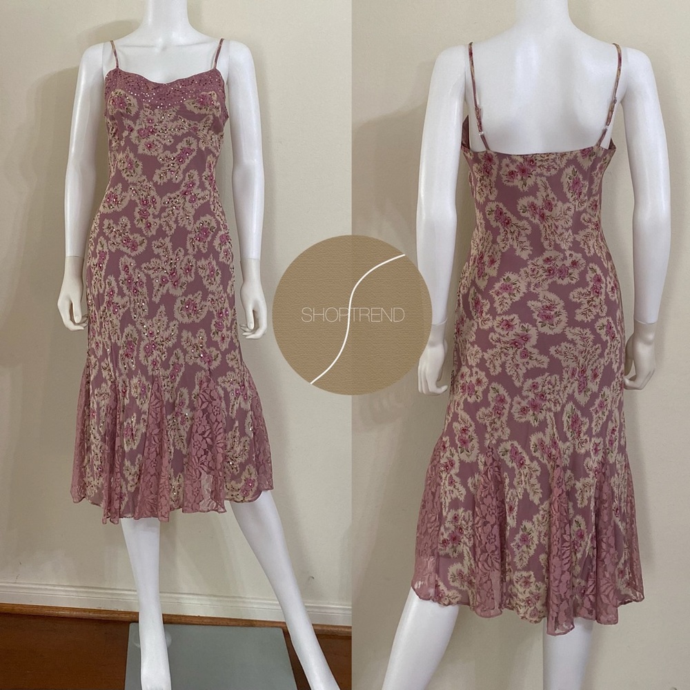 Vintage purple Mauve sequin floral and lace detail slip dress